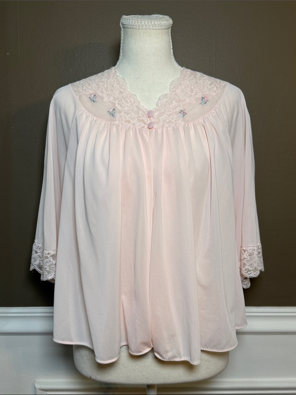 Vintage Shadowline Pink Bed Jacket Lace Rose Embroidered Nylon M